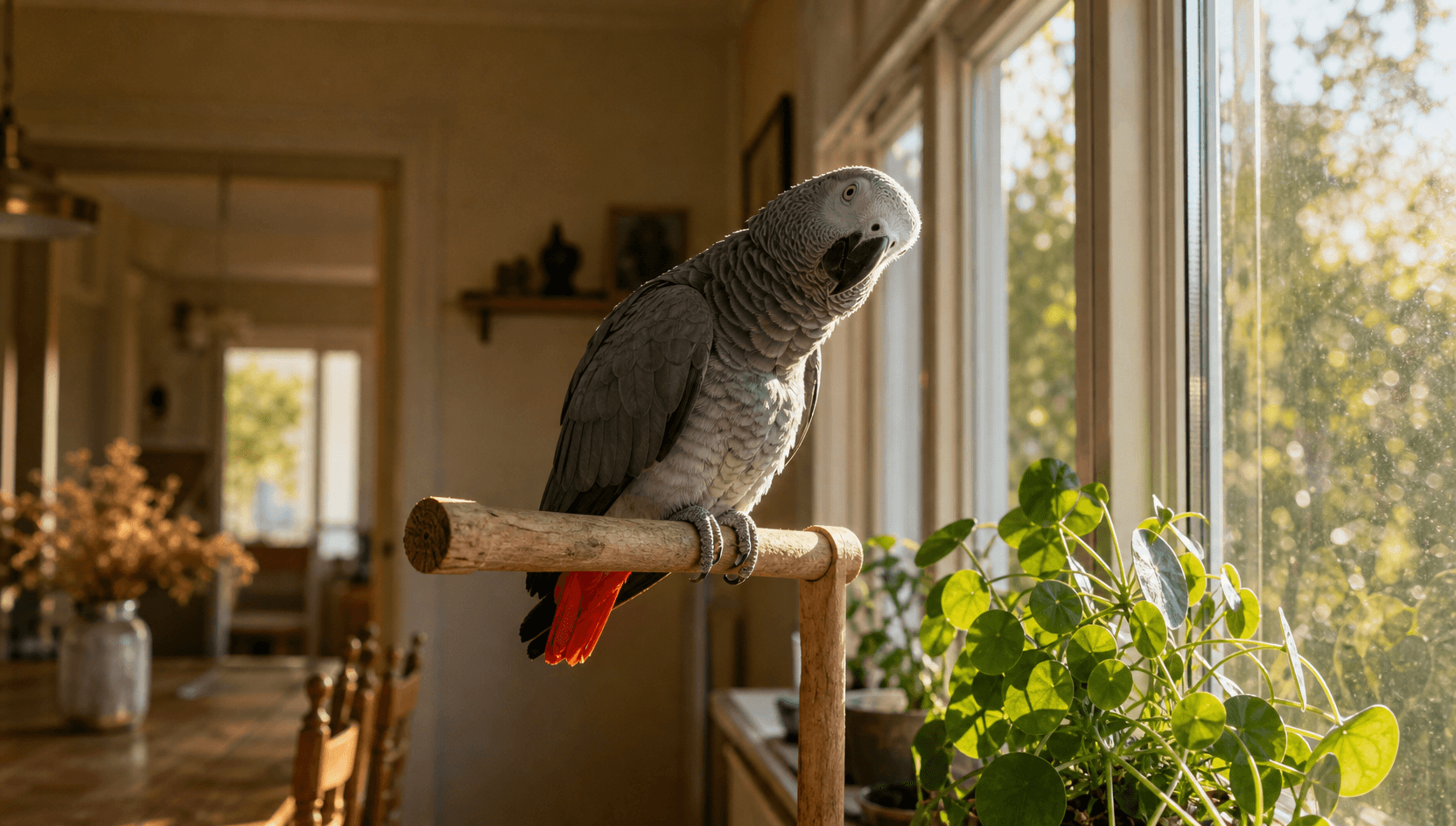 African Grey papegoja sitter lugnt på en träpinne vid ett soligt fönster i ett svenskt hem, huvudet lätt böjt nyfiket.