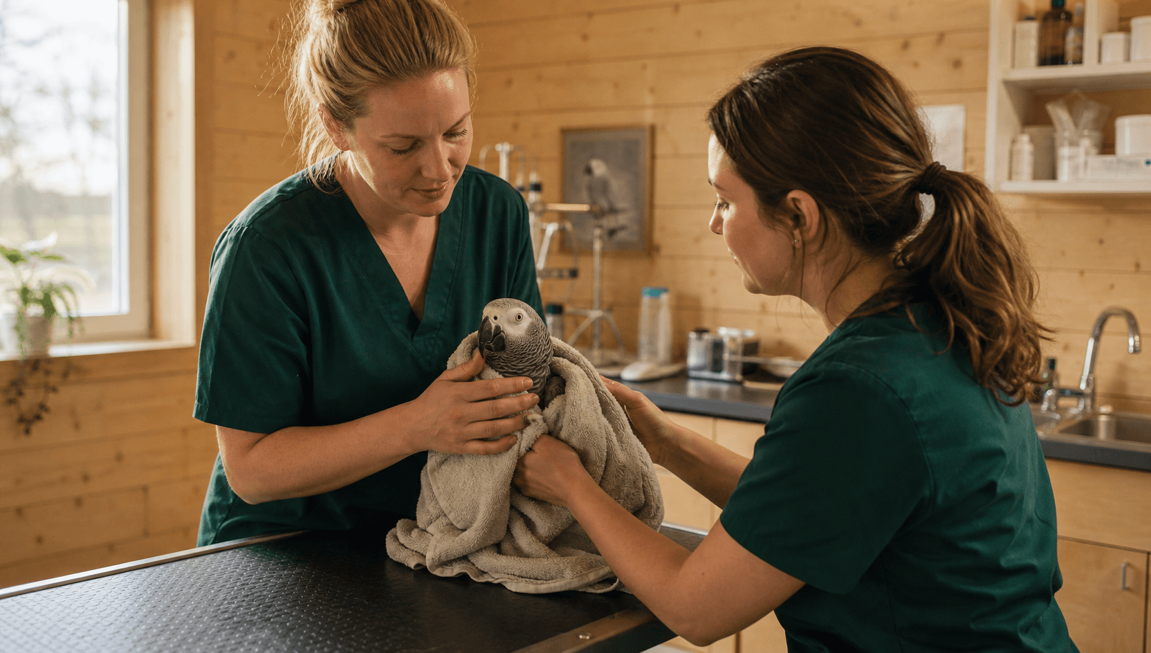 Två veterinärer i mörkgröna skrubbar håller lugnt en African Grey papegoja insvept i en mjuk handduk på undersökningsbordet i en svensk klinik med björkträinredning.